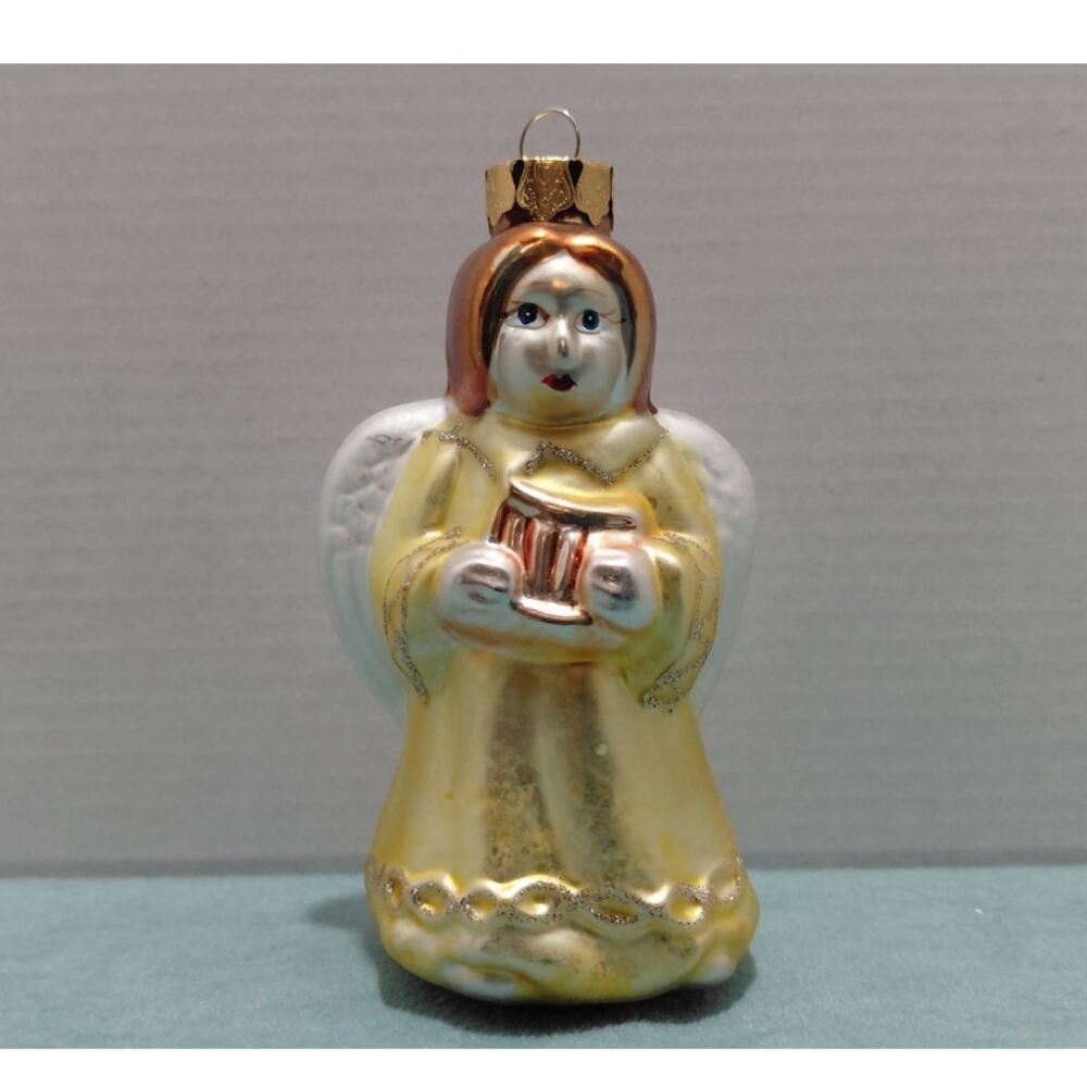 Vintage Christmas Ornament Blown Glass Angel Holding Harp
